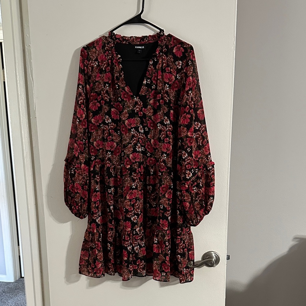 Express Black and Red Floral Long Sleeve Dress
